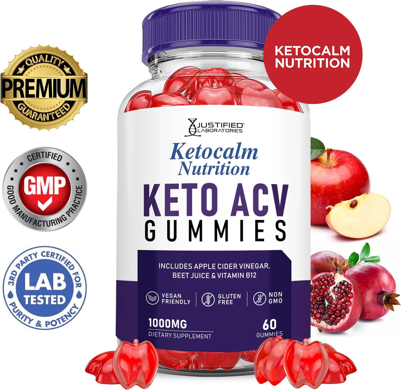 Keto Calm Nutrition Ketocalm Gummies (3 Pack) Apple Cider Vinegar & Pomegranate Beet Juice - 1000MG Formula - Vegan & Non-GMO - 180 Gummies