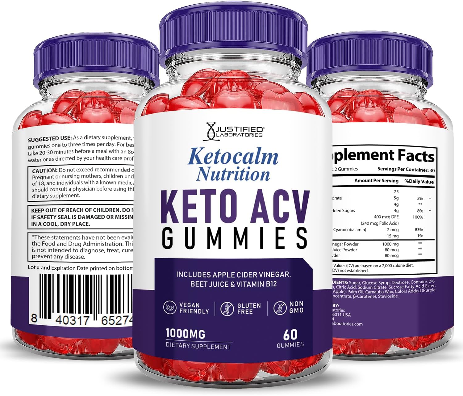 Keto Calm Nutrition Ketocalm Gummies (3 Pack) Apple Cider Vinegar & Pomegranate Beet Juice - 1000MG Formula - Vegan & Non-GMO - 180 Gummies