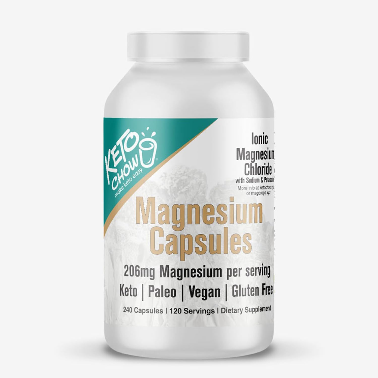 Keto Chow Magnesium Capsules - 206mg Ionic Magnesium Chloride - With Sodium, Potassium, Electrolytes - Vegan, Sugar & Gluten Free - 240 Count