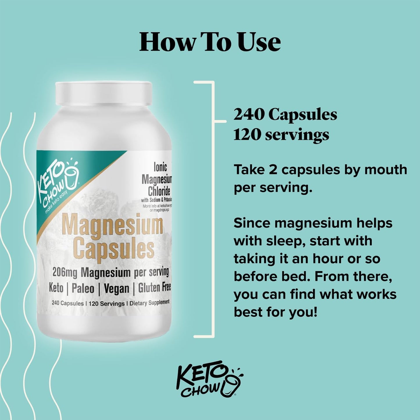 Keto Chow Magnesium Capsules - 206mg Ionic Magnesium Chloride - With Sodium, Potassium, Electrolytes - Vegan, Sugar & Gluten Free - 240 Count