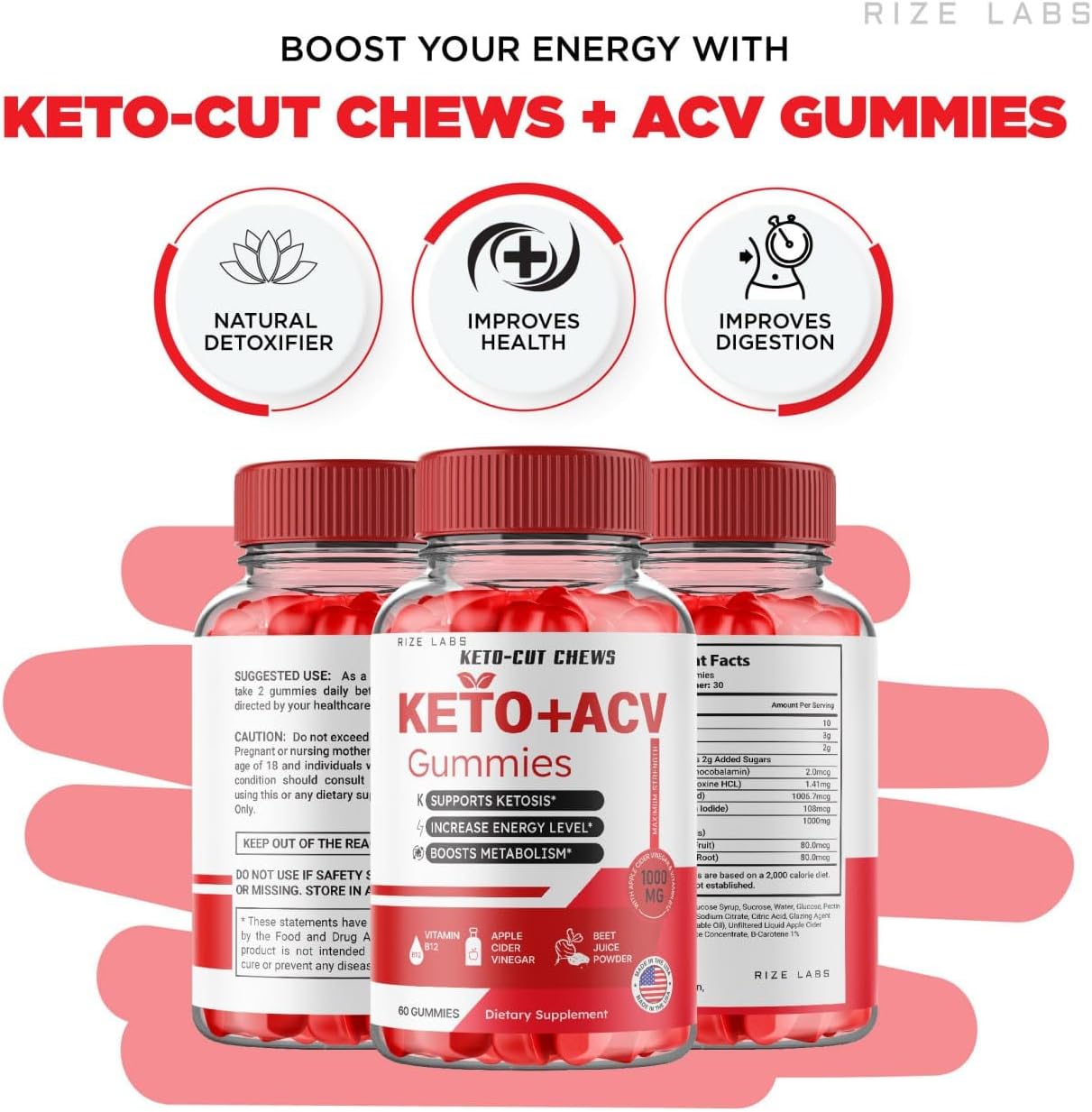 Keto-Cut Chews ACV Gummies (5 Pack) - Premium Keto ACV for Advanced Weight Loss - Maximum Strength Supplement with KetoCut Chews Reviews (300 Gummies) by Rize Labs