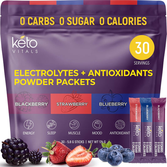 Keto-Friendly Berry Antioxidant Electrolyte Powder Packets - Variety Pack of 30 Individual Travel Packets - Zero Calorie & Carb Energy Drink Mix