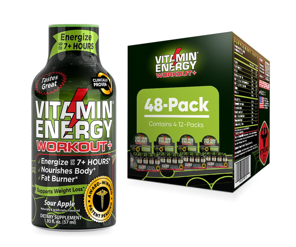 Keto-Friendly Vitamin Energy Shot with Green Tea Caffeine for Endurance - Sour Apple Flavor - 1.93 Fl Oz (Pack of 48)