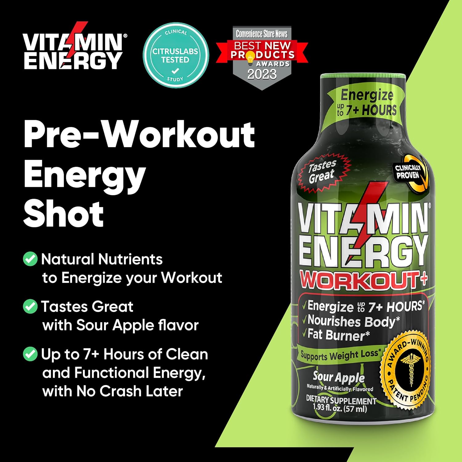 Keto-Friendly Vitamin Energy Shot with Green Tea Caffeine for Endurance - Sour Apple Flavor - 1.93 Fl Oz (Pack of 48)