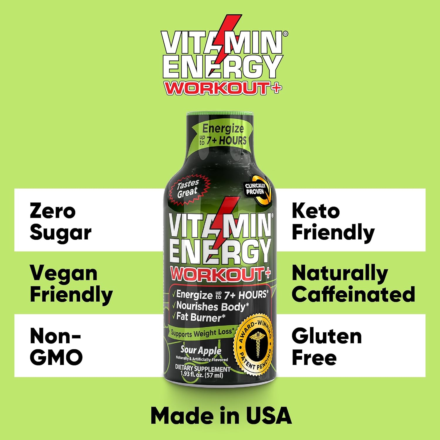 Keto-Friendly Vitamin Energy Shot with Green Tea Caffeine for Endurance - Sour Apple Flavor - 1.93 Fl Oz (Pack of 48)