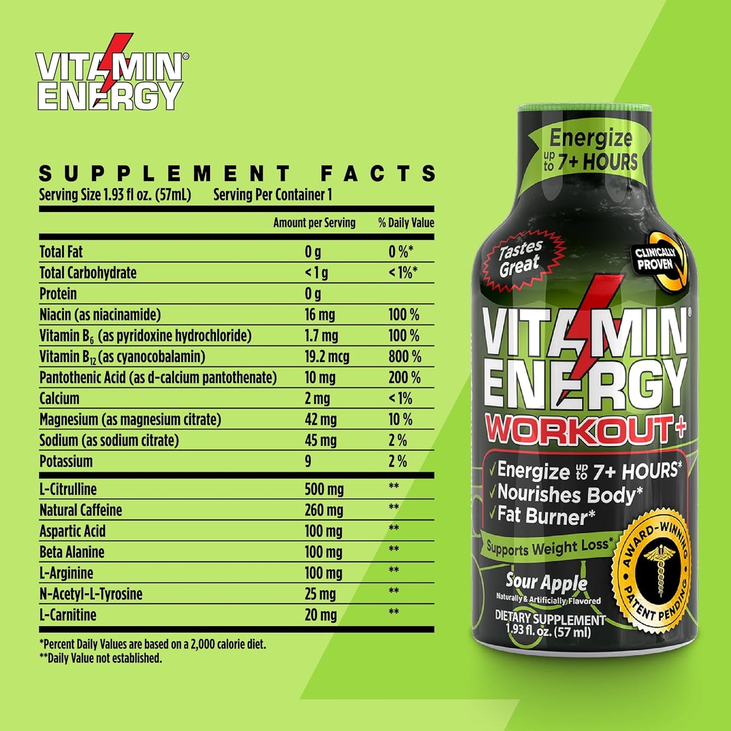 Keto-Friendly Vitamin Energy Shot with Green Tea Caffeine for Endurance - Sour Apple Flavor - 1.93 Fl Oz (Pack of 48)