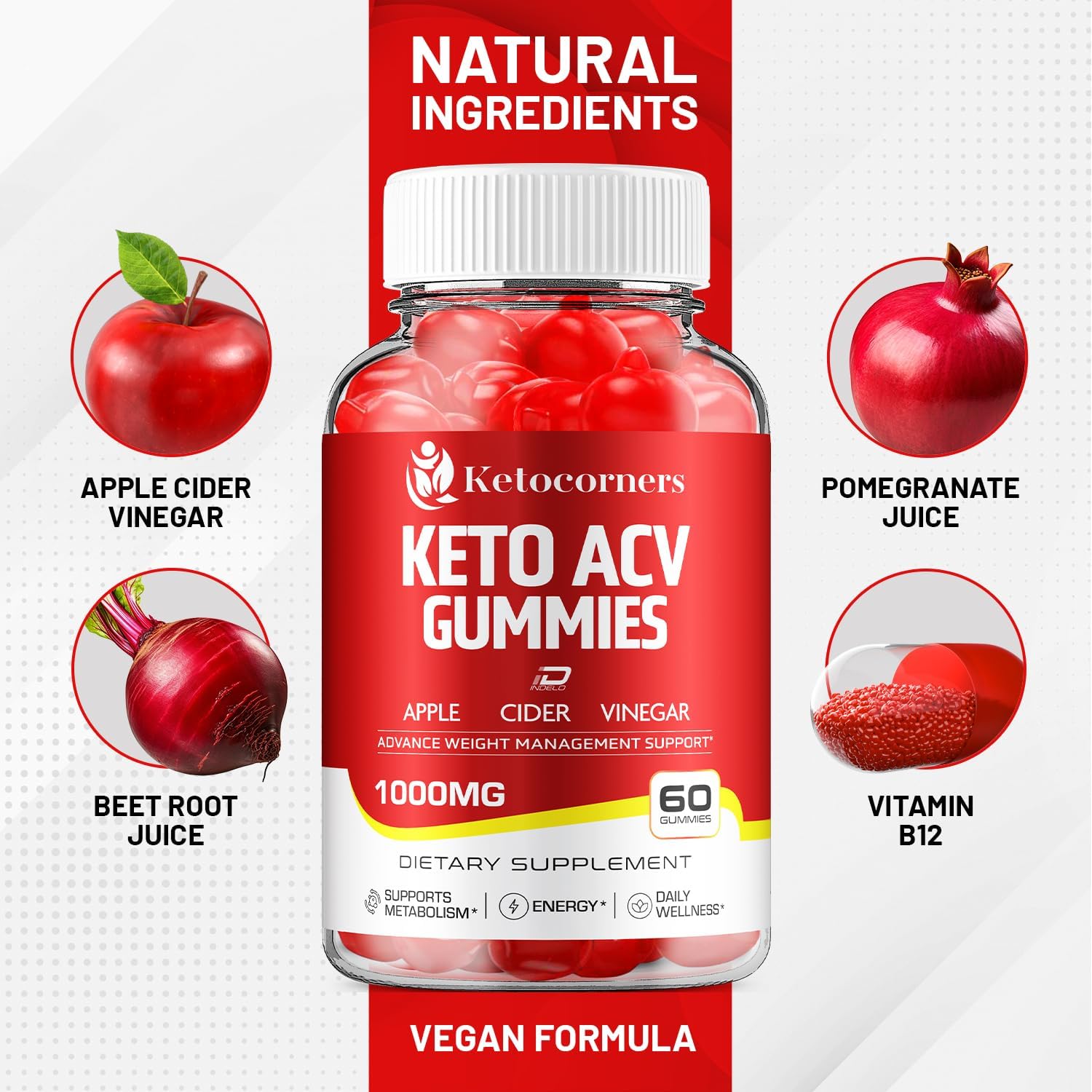 KetoCorners ACV Gummies Supplement with Vitamin B12 - Apple Cider Vinegar 1000MG - 60 Gummies Pack - Reviews Included