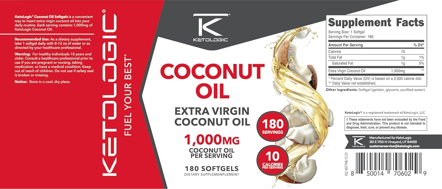 Ketologic Coconut Oil Softgels - 1,000MG per Serving (180 Count)