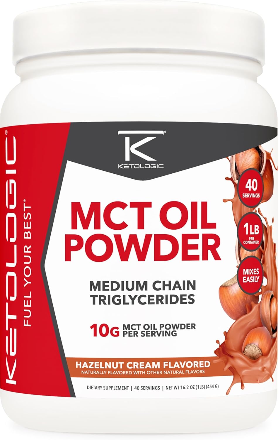 Ketologic Hazelnut Cream MCT Oil Powder - 1lb, 40 Servings - Medium Chain Triglycerides Supplement