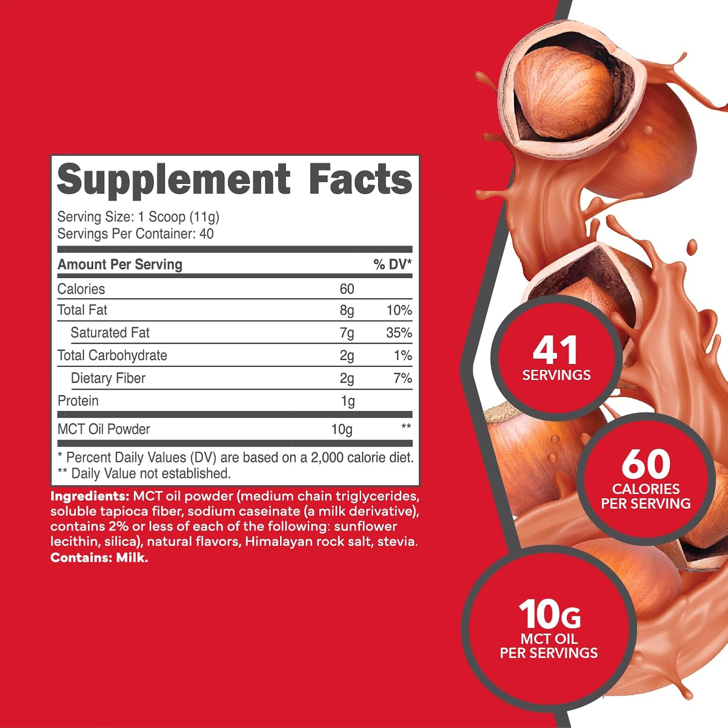 Ketologic Hazelnut Cream MCT Oil Powder - 1lb, 40 Servings - Medium Chain Triglycerides Supplement