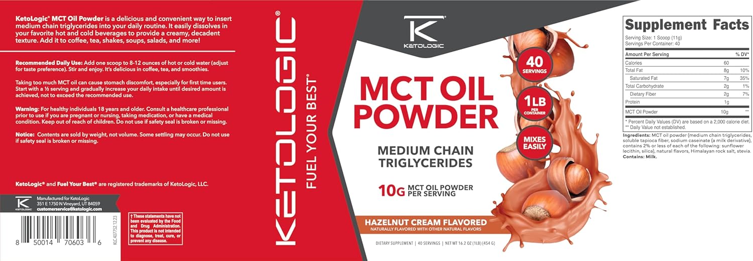 Ketologic Hazelnut Cream MCT Oil Powder - 1lb, 40 Servings - Medium Chain Triglycerides Supplement