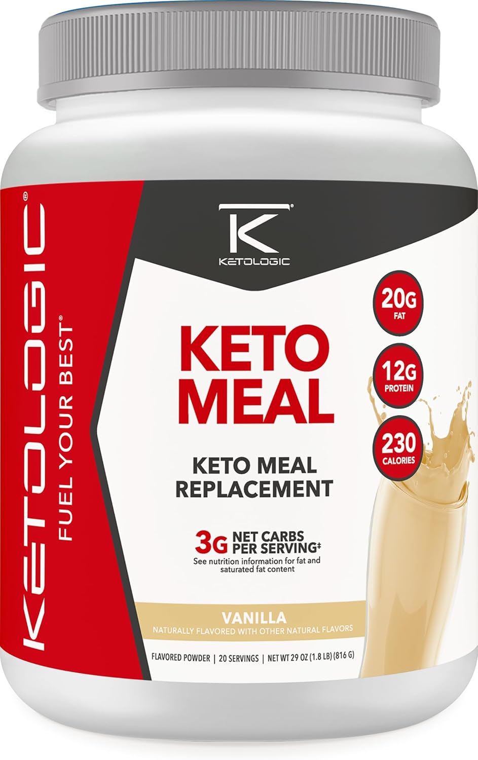 Ketologic Vanilla Keto Meal Replacement Shake Powder with MCT Oil & Grass-Fed Whey - Ideal Macros for Ketosis - 20 Servings