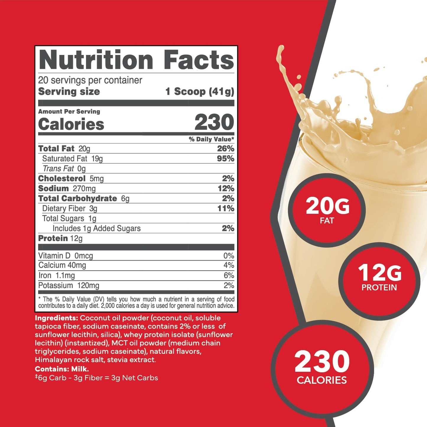 Ketologic Vanilla Keto Meal Replacement Shake Powder with MCT Oil & Grass-Fed Whey - Ideal Macros for Ketosis - 20 Servings