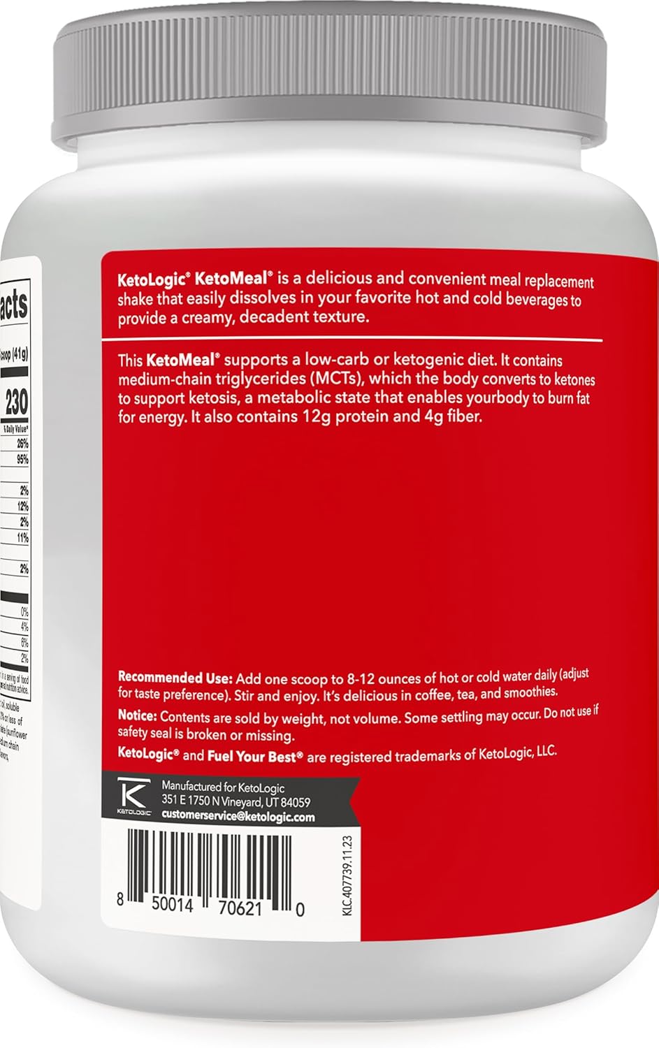Ketologic Vanilla Keto Meal Replacement Shake Powder with MCT Oil & Grass-Fed Whey - Ideal Macros for Ketosis - 20 Servings