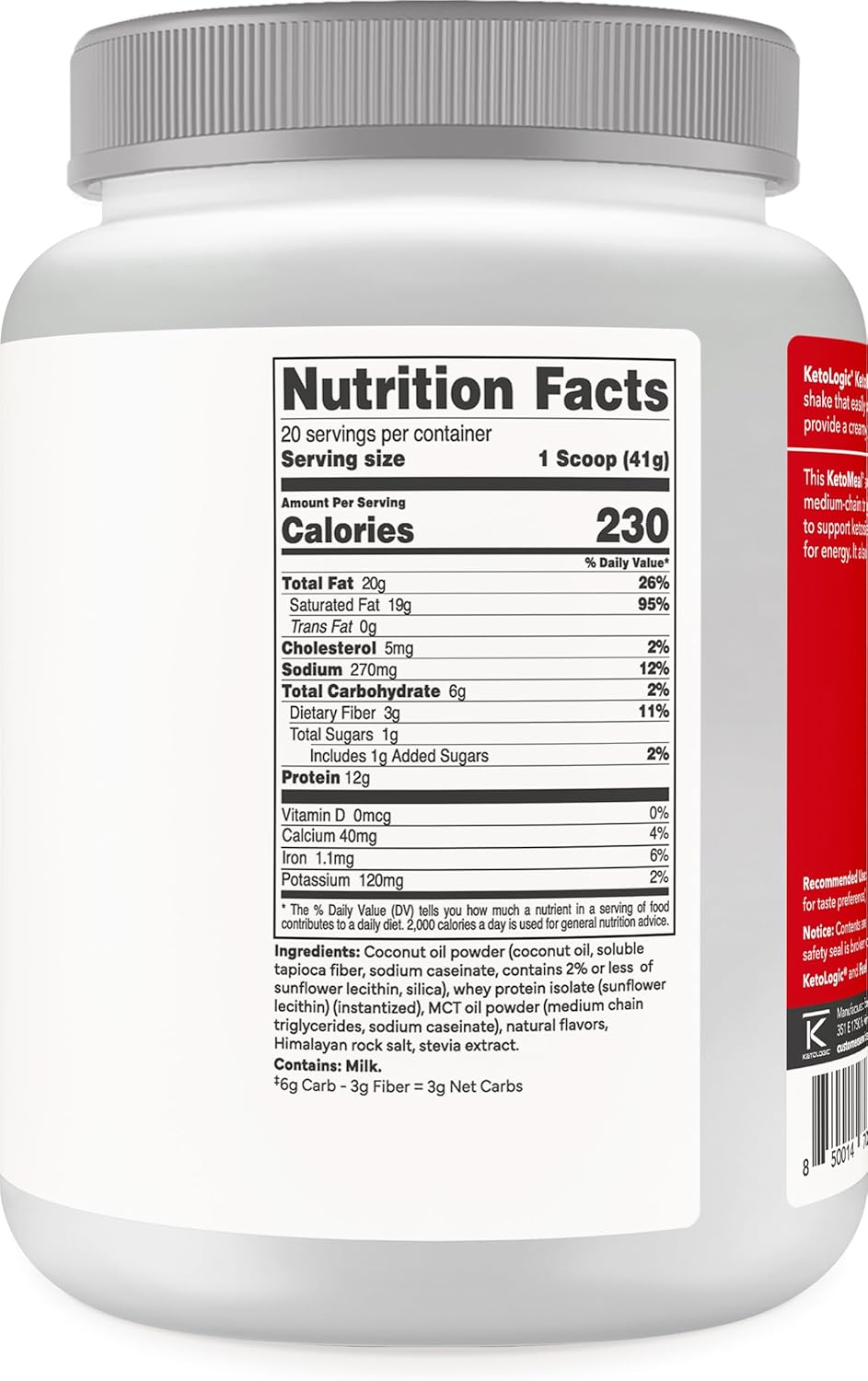 Ketologic Vanilla Keto Meal Replacement Shake Powder with MCT Oil & Grass-Fed Whey - Ideal Macros for Ketosis - 20 Servings