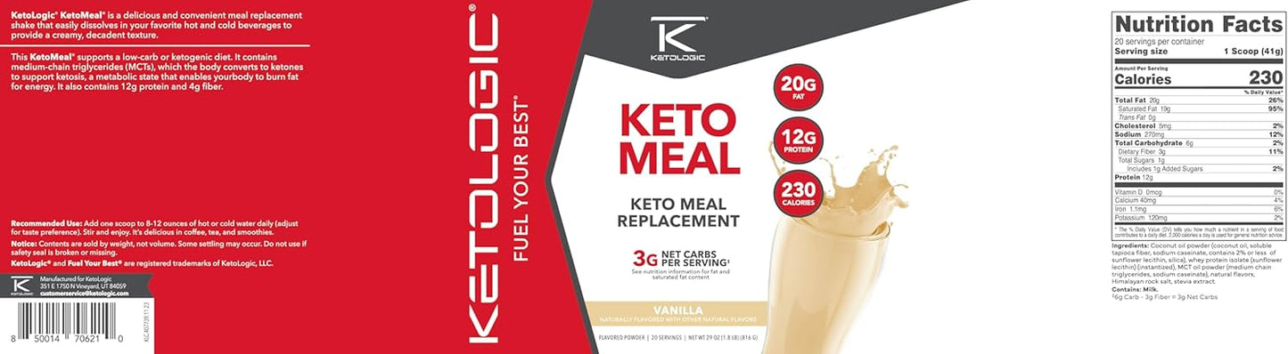 Ketologic Vanilla Keto Meal Replacement Shake Powder with MCT Oil & Grass-Fed Whey - Ideal Macros for Ketosis - 20 Servings