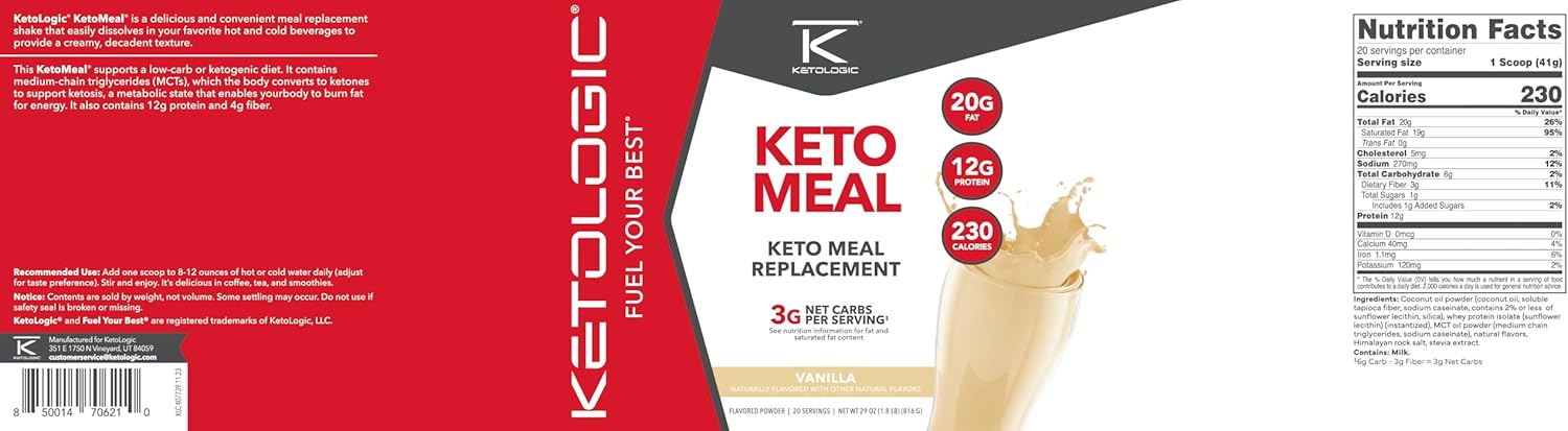 Ketologic Vanilla Keto Meal Replacement Shake Powder with MCT Oil & Grass-Fed Whey - Ideal Macros for Ketosis - 20 Servings