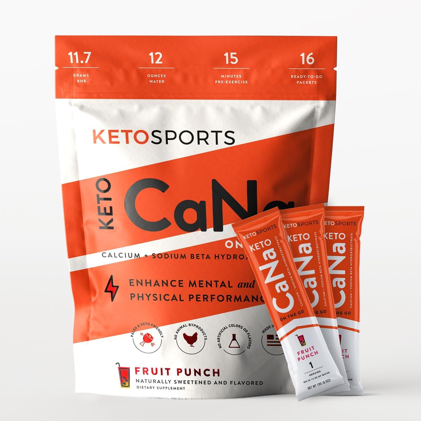 KetoSports KetoCaNa GO Fruit Punch Single Serve Ketone Supplement for Performance 16 Packs