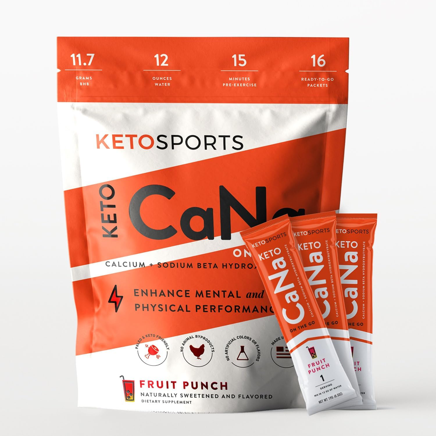 KetoSports KetoCaNa GO Fruit Punch Single Serve Ketone Supplement for Performance 16 Packs