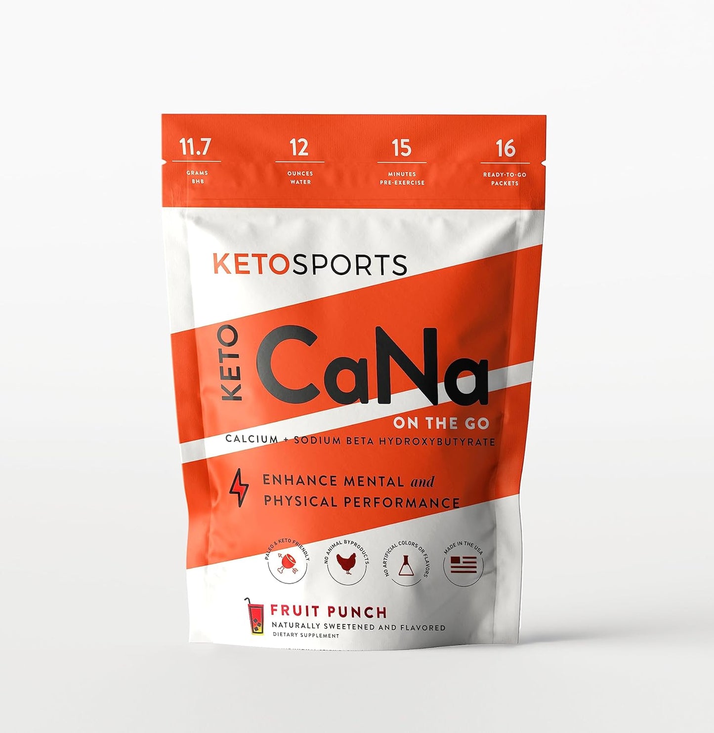 KetoSports KetoCaNa GO Fruit Punch Single Serve Ketone Supplement for Performance 16 Packs