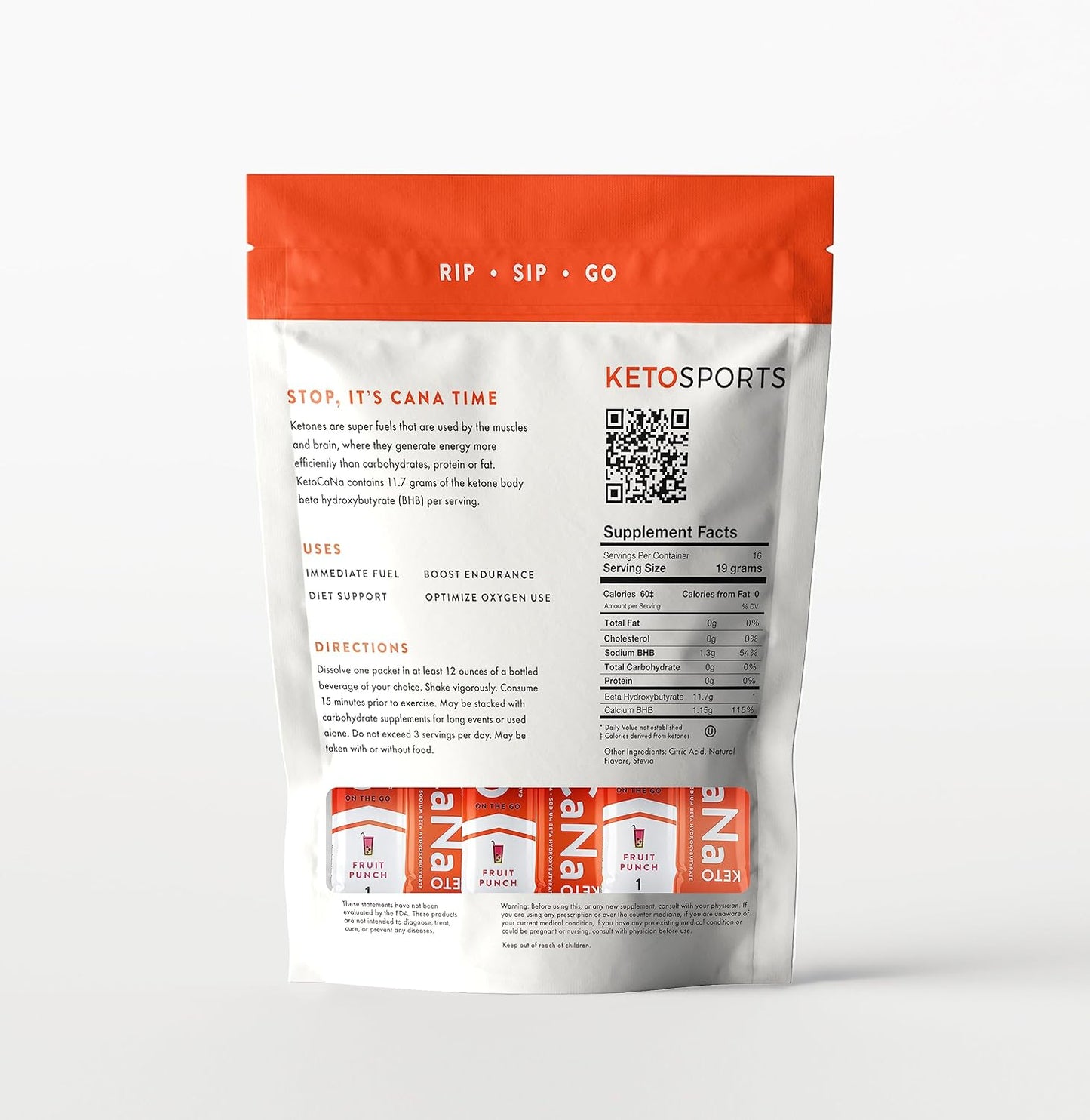 KetoSports KetoCaNa GO Fruit Punch Single Serve Ketone Supplement for Performance 16 Packs