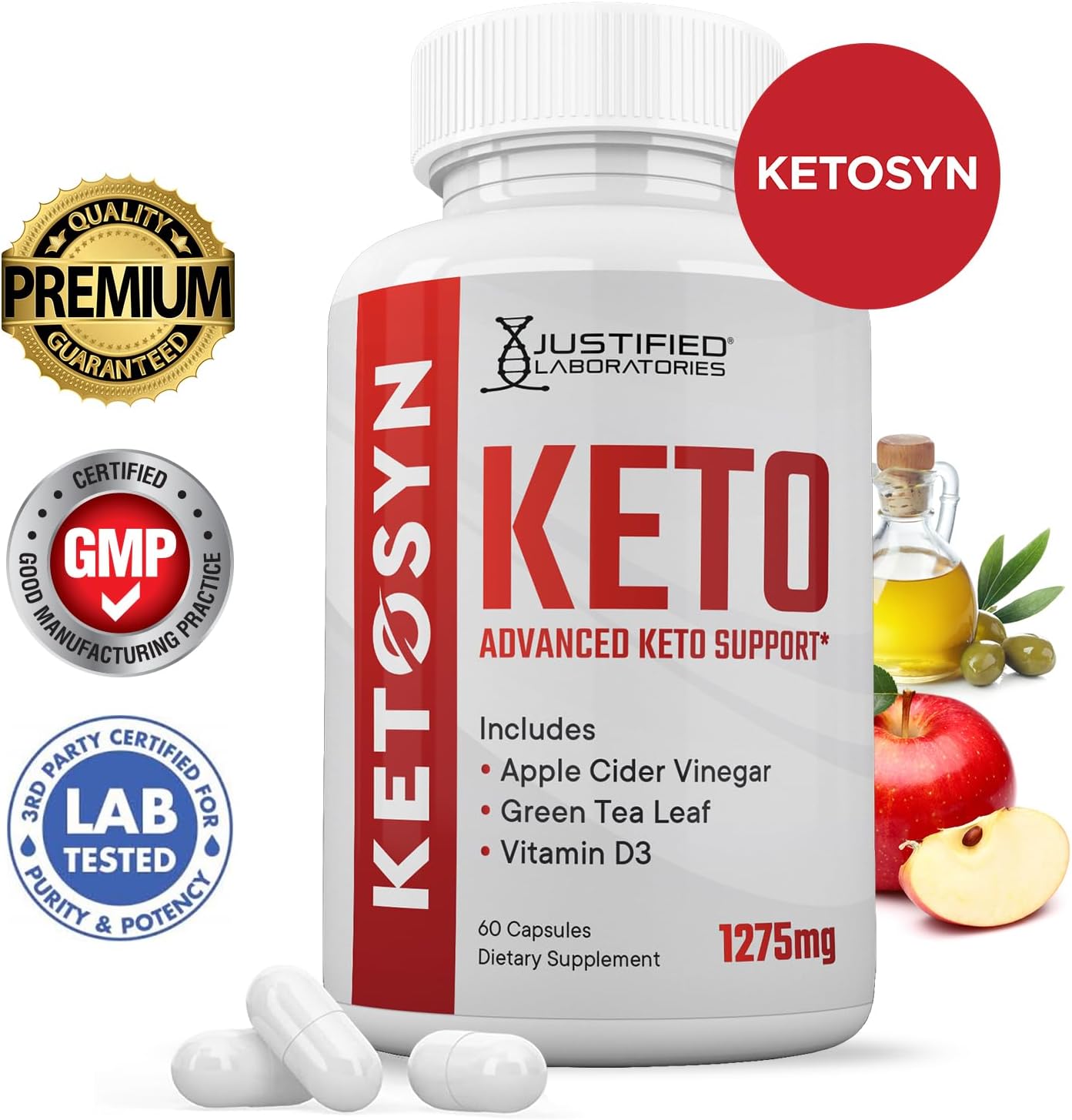 Ketosyn Keto ACV Pills (3 Pack) 1275MG Support Blend Capsules with Apple Cider Vinegar, Olive Oil, Green Tea - 180 Count
