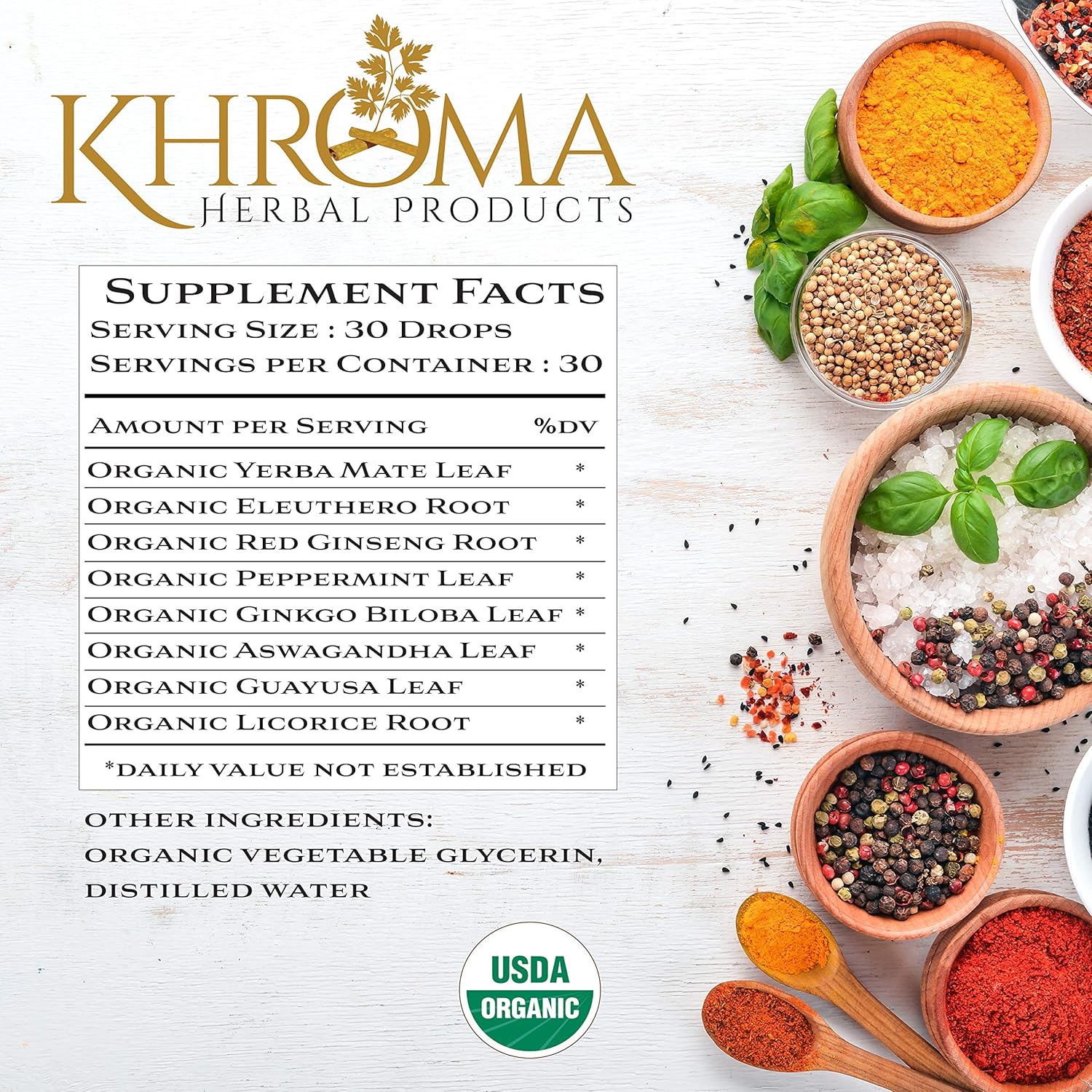 Khroma Herbal Products Awaken Organic Energy Supplement 2 oz Liquid Glass Bottle Yerba Mate Eleuthro Root Red Ginseng Peppermint Ginkgo Blob Ashwaganhda Guayusa Khroma Herbs