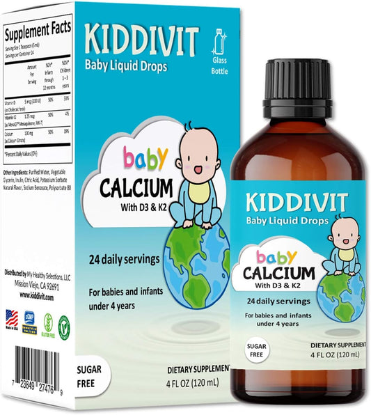 Kiddivit Baby Calcium Liquid Drops with Vitamin D3 & K2, 120 mL - Inulin Fortified, Sugar Free & Vegetarian Friendly