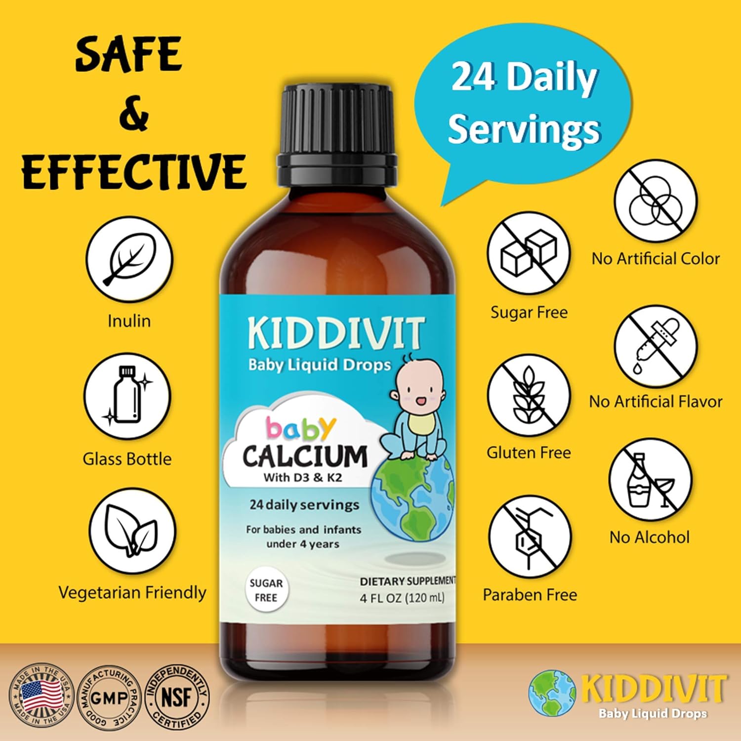 Kiddivit Baby Calcium Liquid Drops with Vitamin D3 & K2, 120 mL - Inulin Fortified, Sugar Free & Vegetarian Friendly