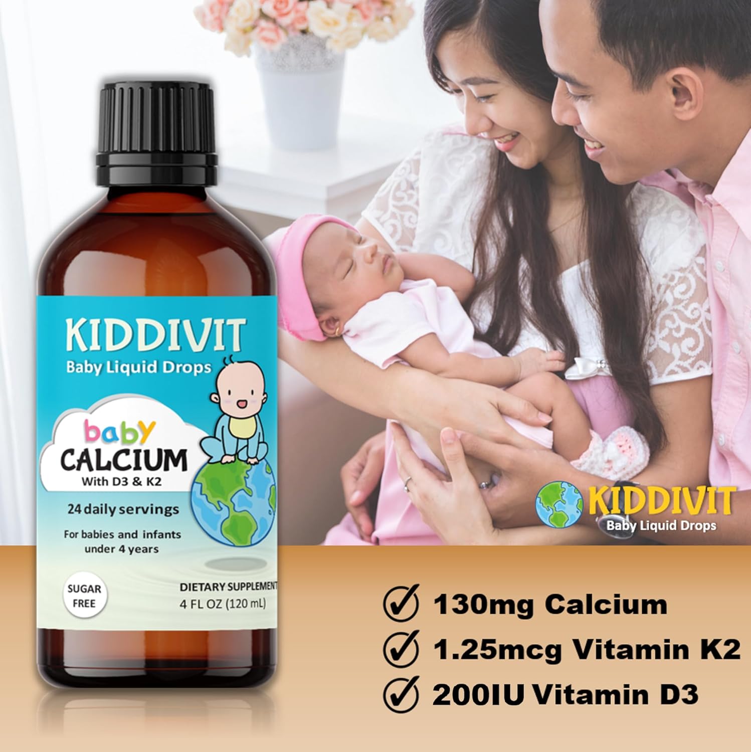 Kiddivit Baby Calcium Liquid Drops with Vitamin D3 & K2, 120 mL - Inulin Fortified, Sugar Free & Vegetarian Friendly