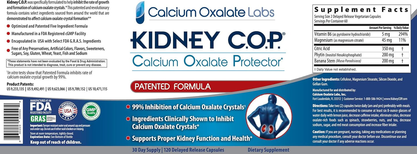 Kidney C.O.P. Calcium Oxalate Protector Capsules - Patented Support for Kidney Stones, Prevent Recurrence of Calcium Oxalate Crystals