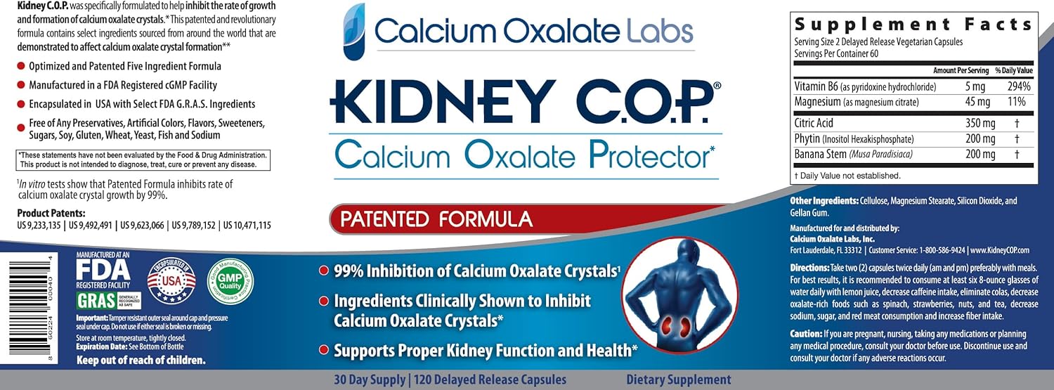 Kidney C.O.P. Calcium Oxalate Protector Capsules - Patented Support for Kidney Stones, Prevent Recurrence of Calcium Oxalate Crystals