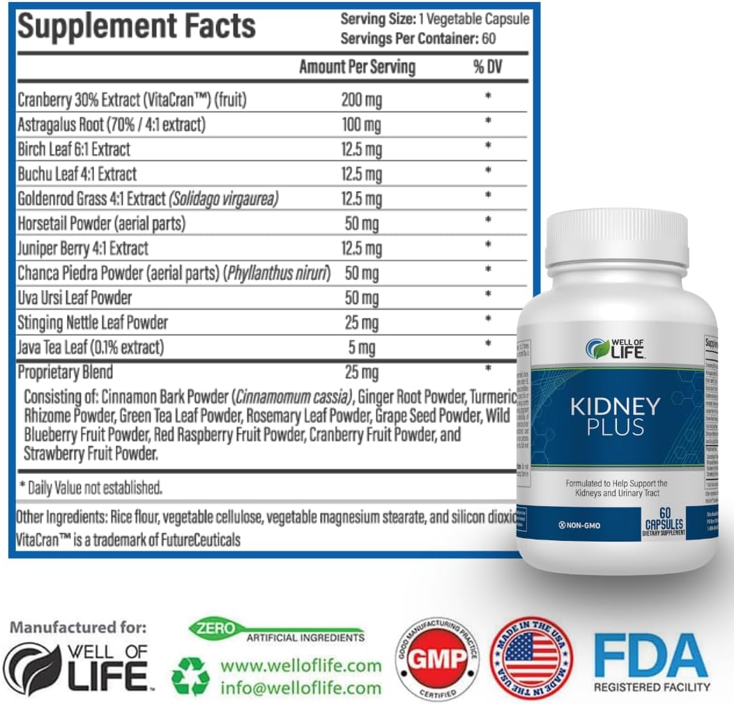 Kidney Plus 600mg Capsules with Cranberry Extract, Astragalus Root, Java Tea-Leaf & Antioxidants for Healthy Kidney Function & Urinary Tract Wellness, 60 Count