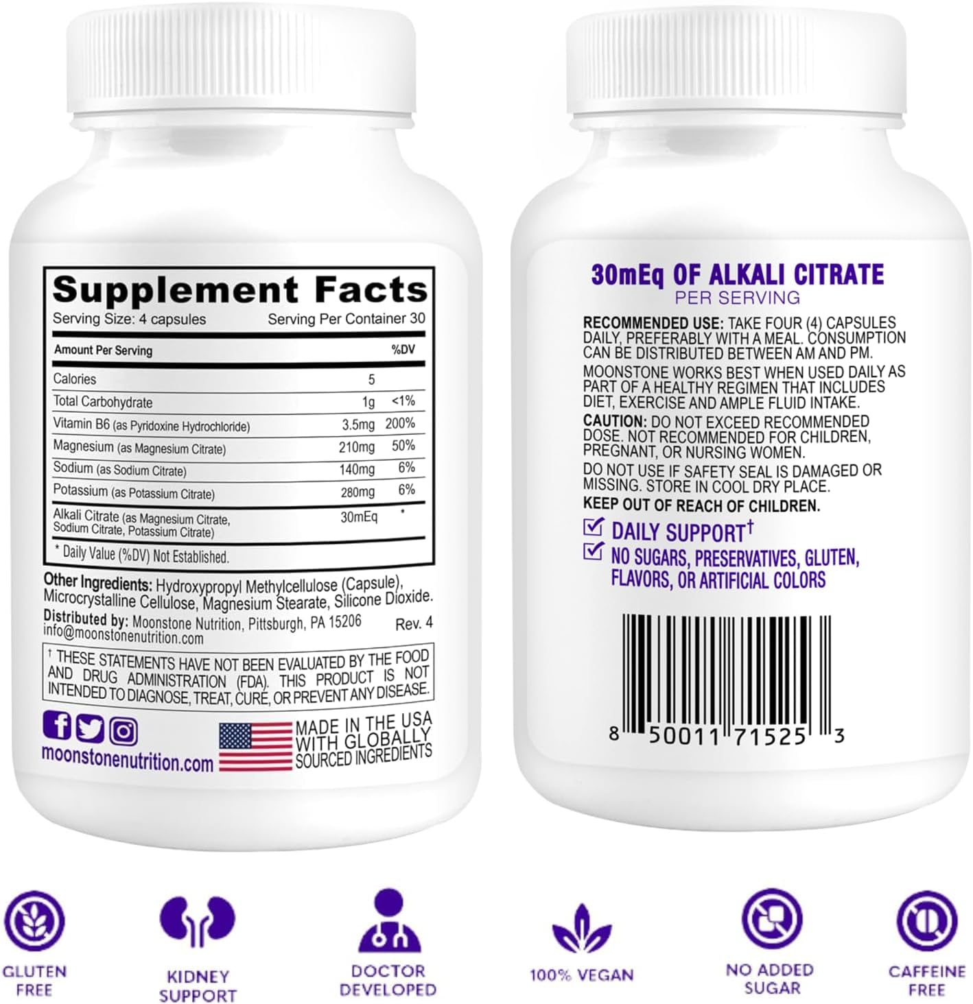 Kidney Stone Prevention Capsules with Moonstone, Calcium Oxalate Protector and Alkali Citrate Support - 30 Day Supply (120 Count)