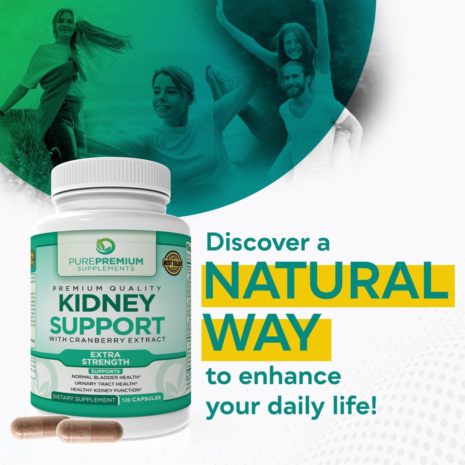 Kidney Support Supplement with Cranberry Extract for Urinary Tract Health - 120 Capsules - 4 Months Supply for Men & Women
