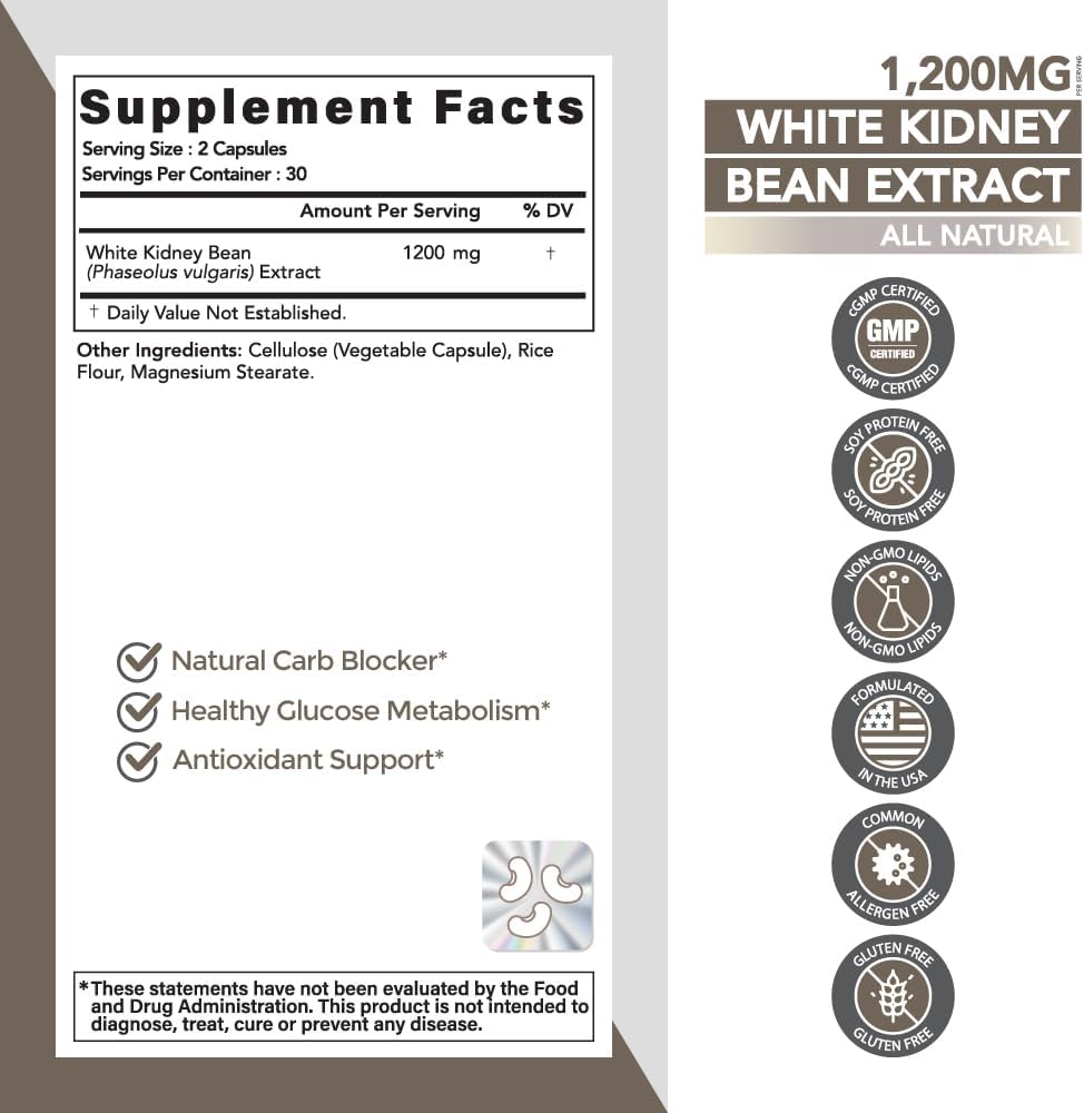 Kidney Support Supplement with White Kidney Bean Extract - 1,200mg, Cleanse for Men and Women, Urinary Tract Health - 60 Capsules