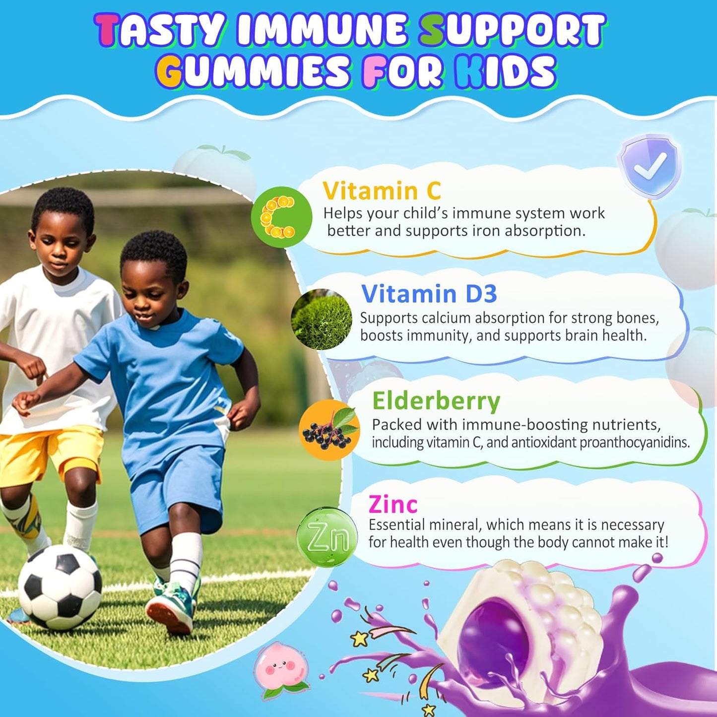 Kids 6-in-1 Daily Immune Support Gummies with Probiotics, Vitamin C, Zinc & Elderberry - 60 Count