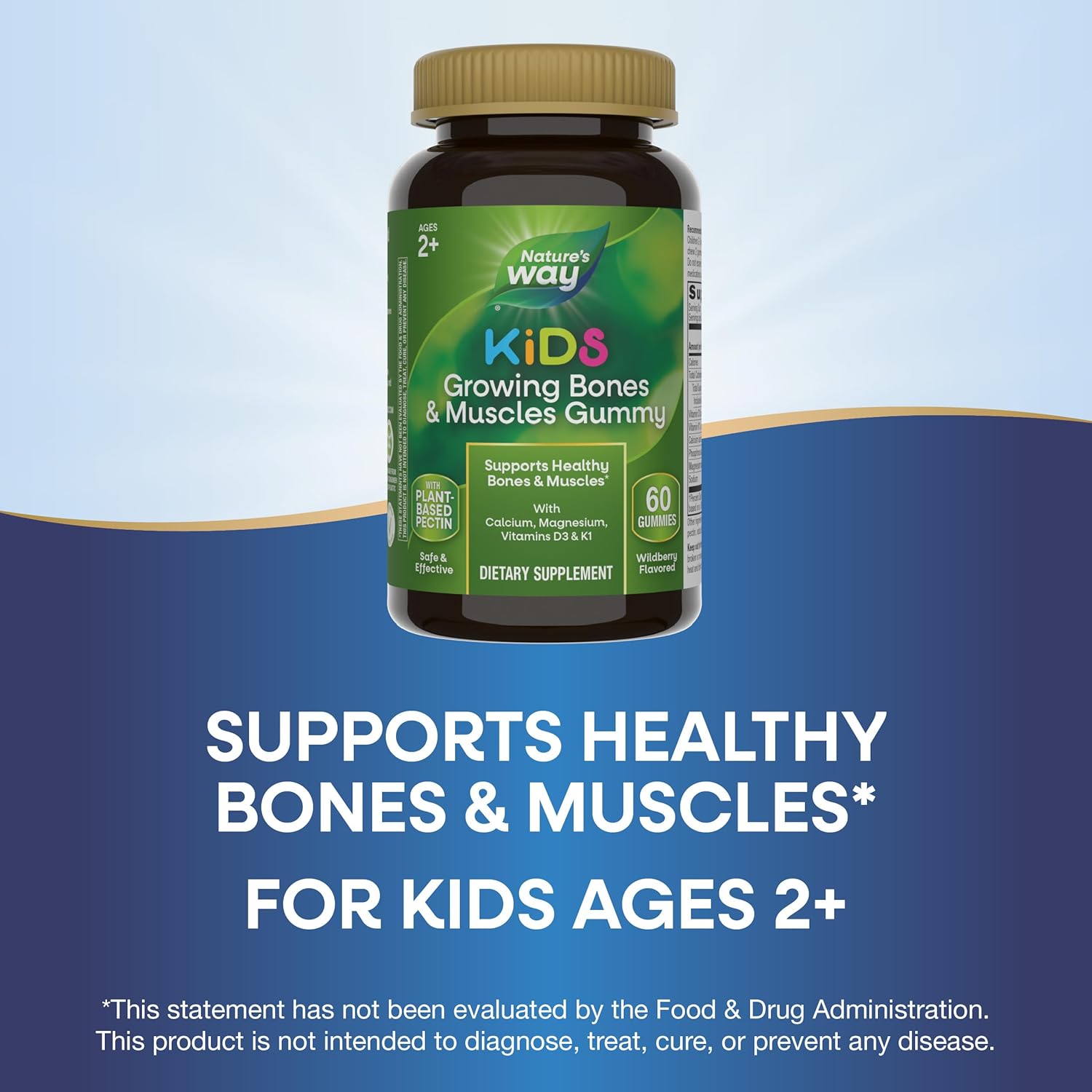 Kids Bone and Muscle Support Gummies with Calcium, Magnesium, Vitamins D3 & K1 - Wildberry Flavored - 60 Gummies - Ages 2+