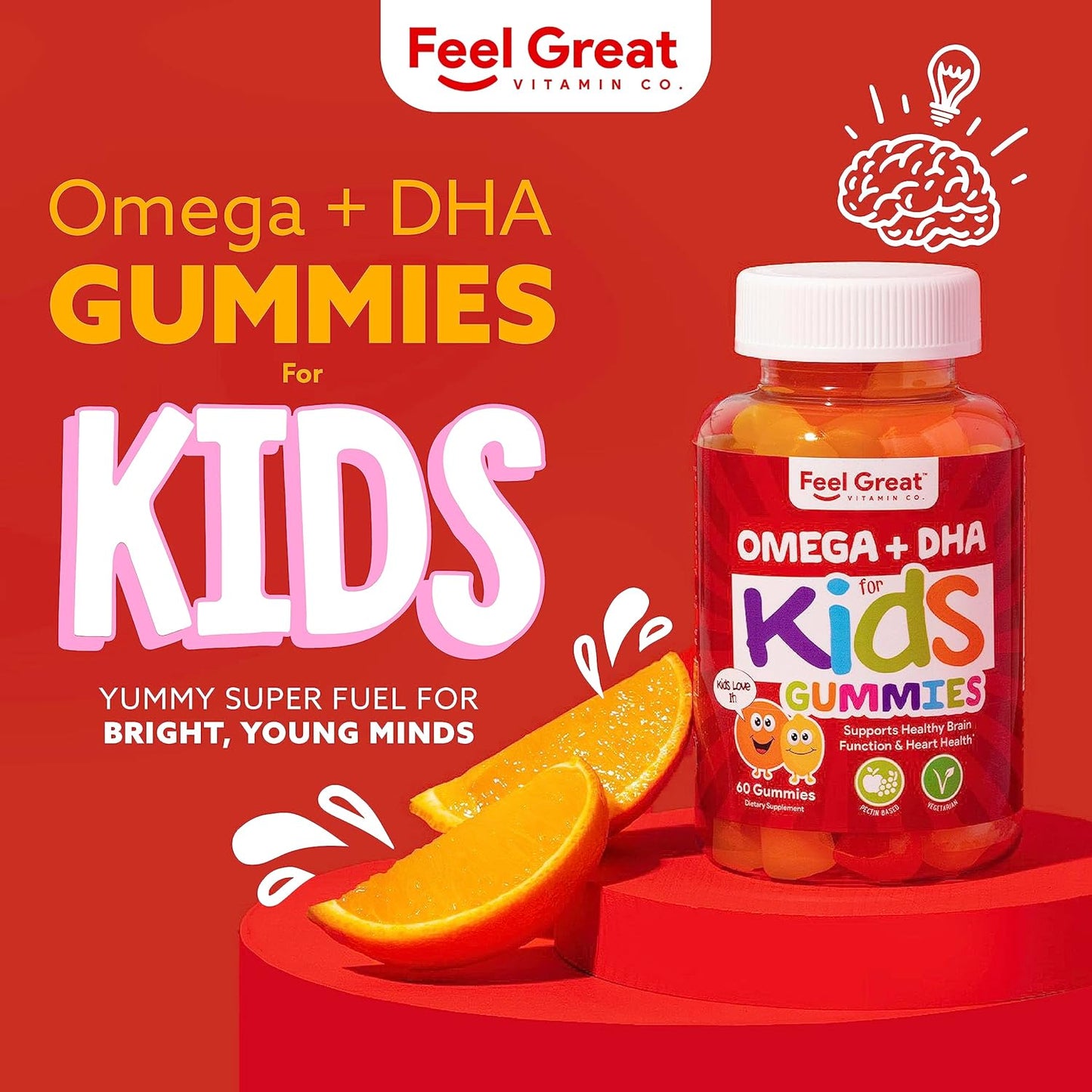 Kid's Brain Boost: Feel Great DHA + 3 6 9 Omega Chewable Gummies - Natural Focus & Development - 275mg Omega - Chia Oil - 2 Pack