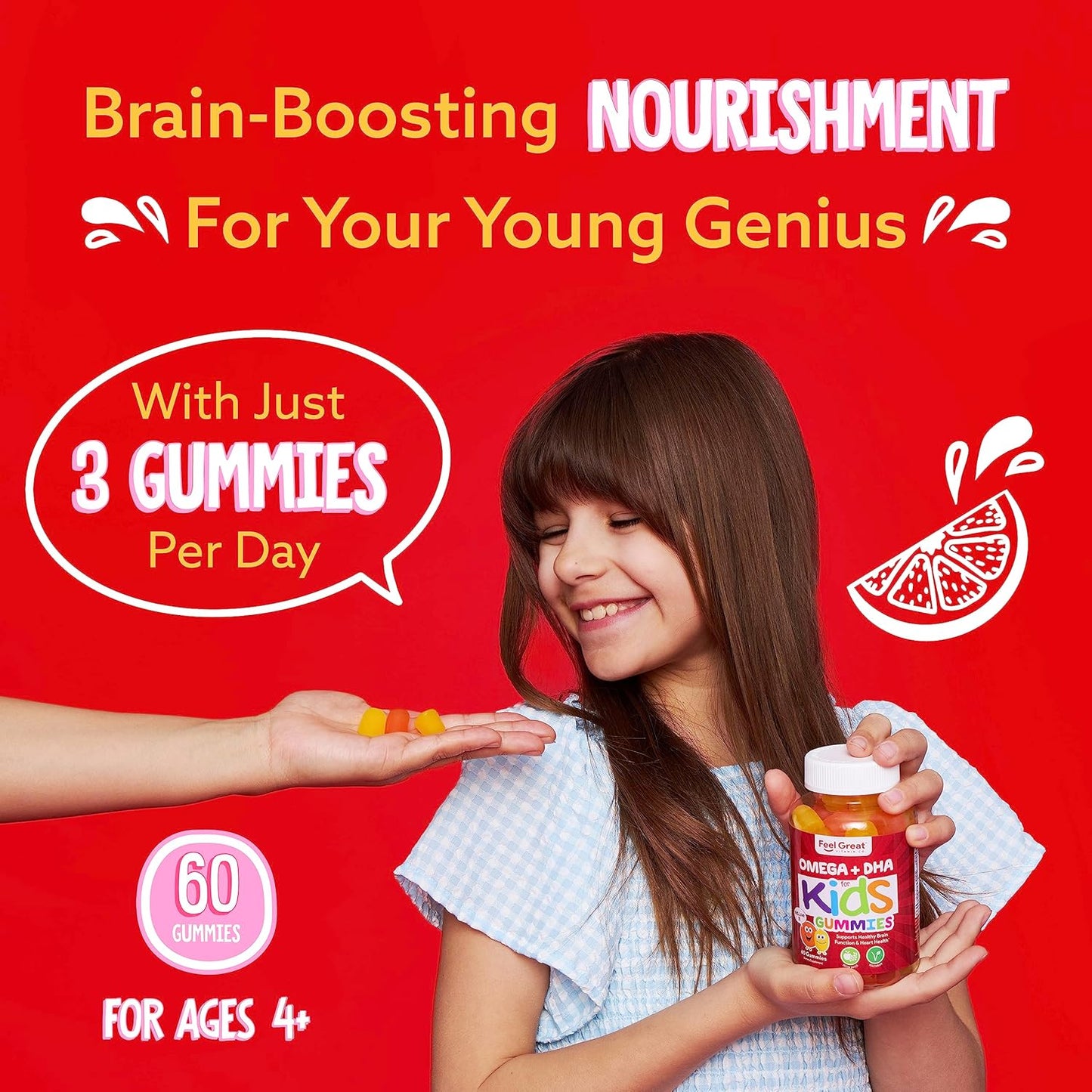 Kid's Brain Boost: Feel Great DHA + 3 6 9 Omega Chewable Gummies - Natural Focus & Development - 275mg Omega - Chia Oil - 2 Pack