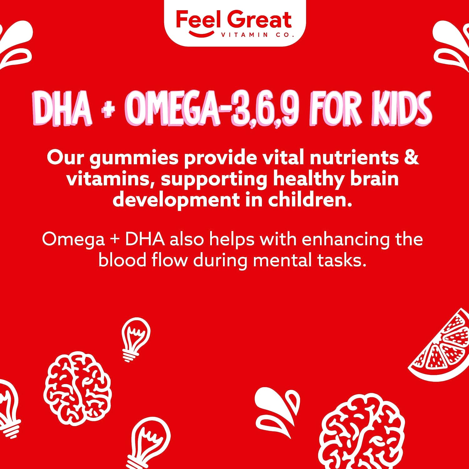Kid's Brain Boost: Feel Great DHA + 3 6 9 Omega Chewable Gummies - Natural Focus & Development - 275mg Omega - Chia Oil - 2 Pack