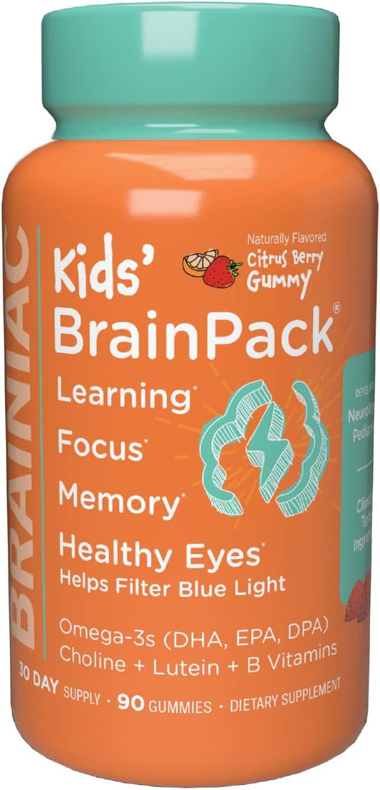 Kids Brain Health & Immune Support Gummies with Omega 3, Choline, B6, B12, Lutein - Citrus Berry Flavor - 90 ct
