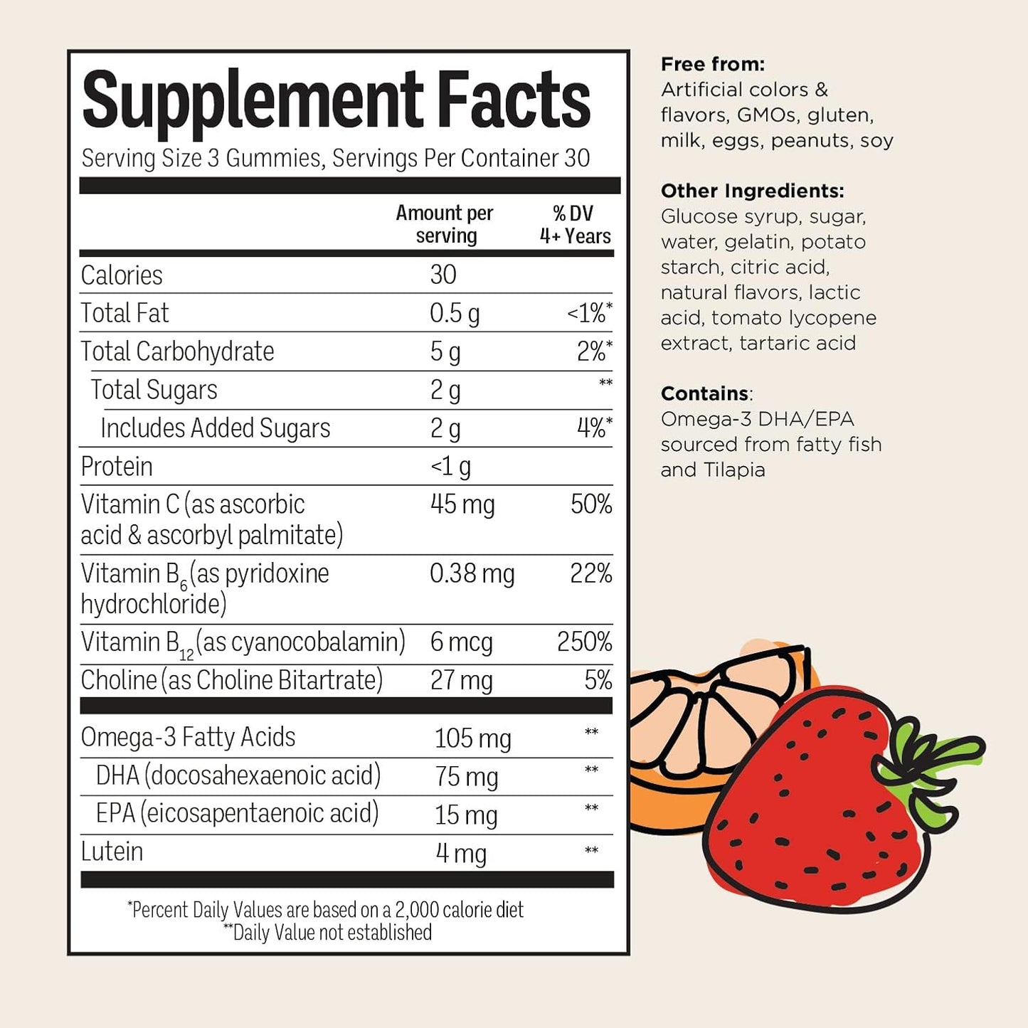Kids Brain Health & Immune Support Gummies with Omega 3, Choline, B6, B12, Lutein - Citrus Berry Flavor - 90 ct