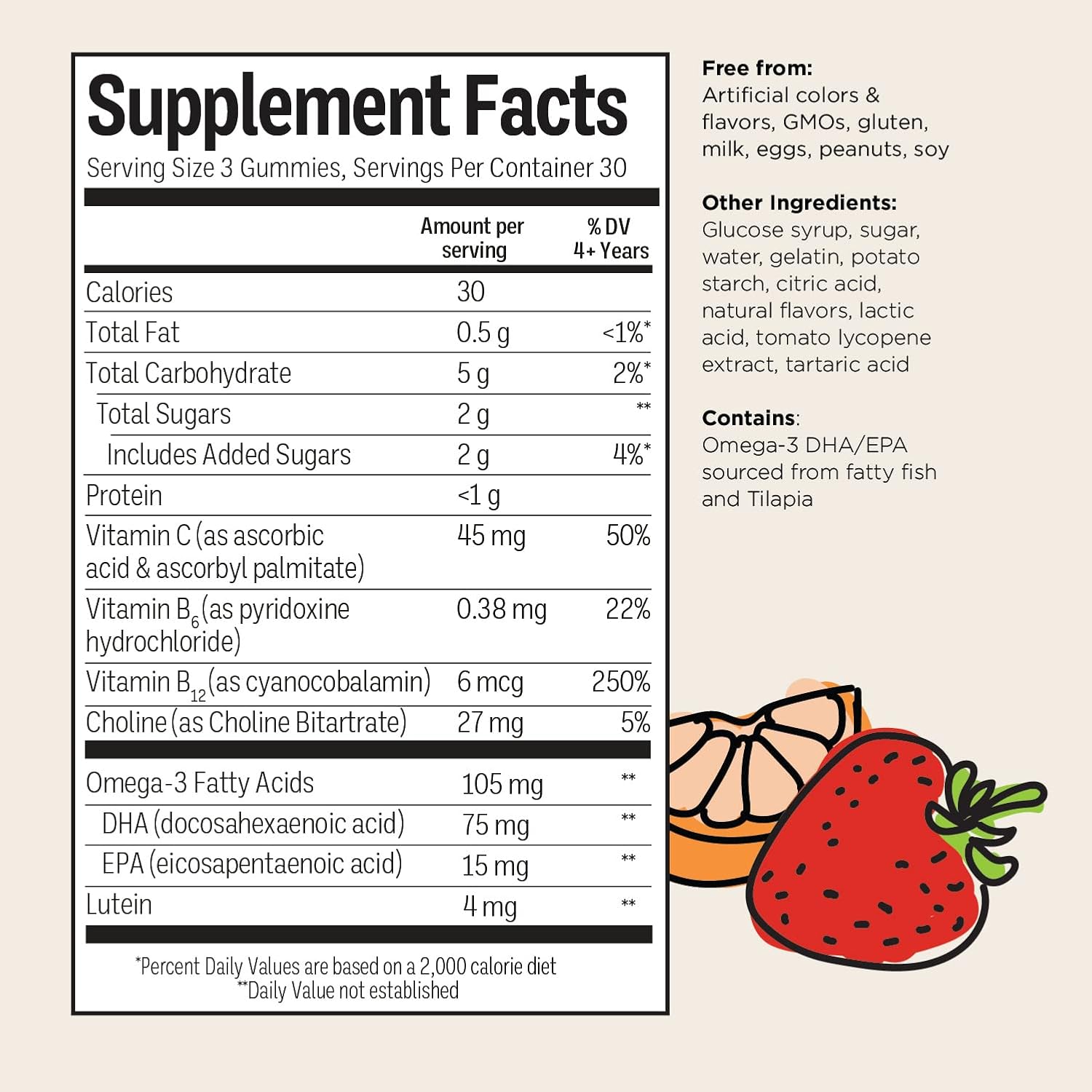 Kids Brain Health & Immune Support Gummies with Omega 3, Choline, B6, B12, Lutein - Citrus Berry Flavor - 90 ct