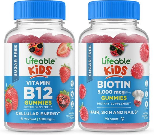 Kids Bundle: Tasty Sugar-Free Vitamin B12 + Prebiotic Fiber Gummies - Gluten & GMO Free, Chewable Supplement