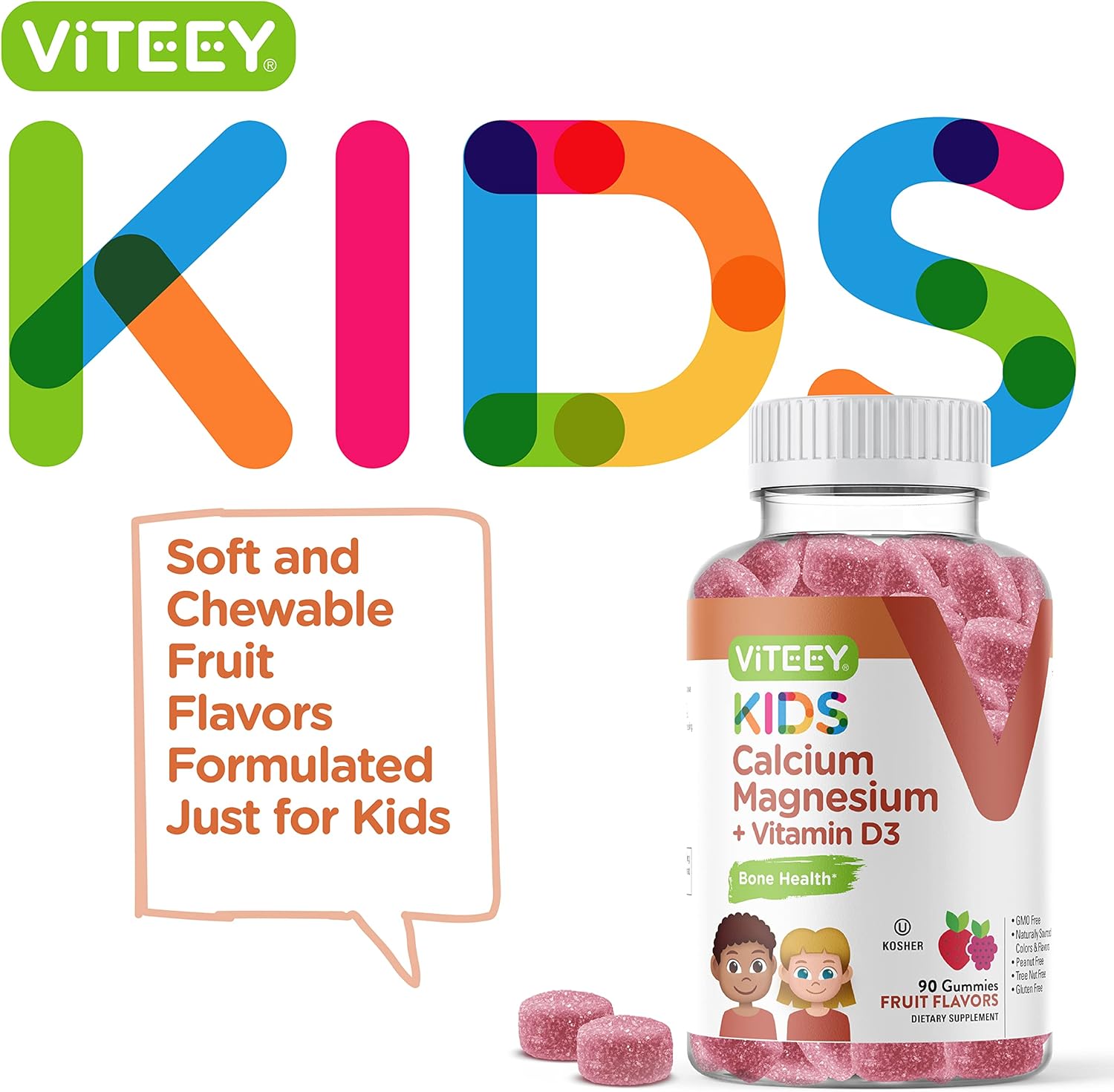 Kids Calcium Gummies with Vitamin D3 & Magnesium Citrate - Bone Health & Immune Support - Gluten Free Fruit Gummy for Kids & Teens