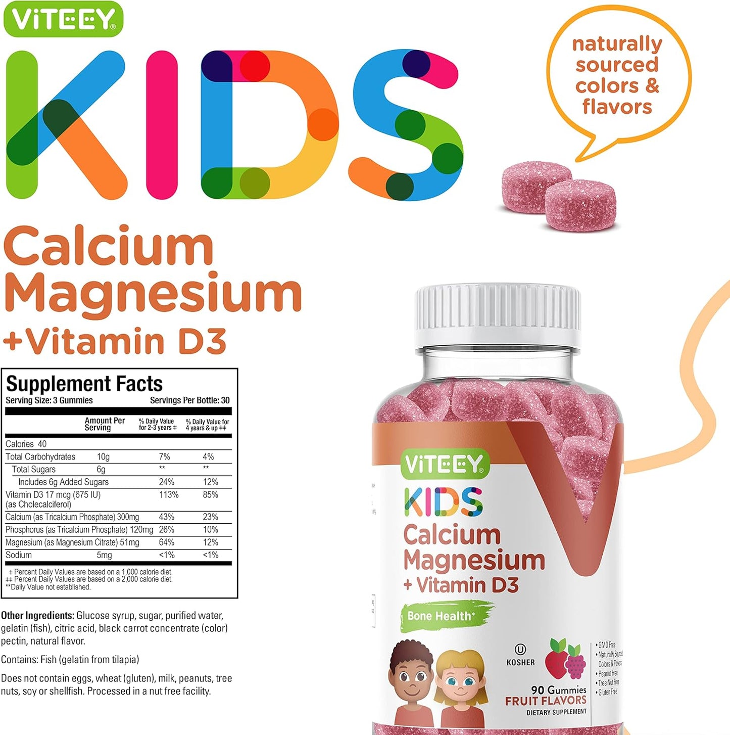 Kids Calcium Gummies with Vitamin D3 & Magnesium Citrate - Bone Health & Immune Support - Gluten Free Fruit Gummy for Kids & Teens