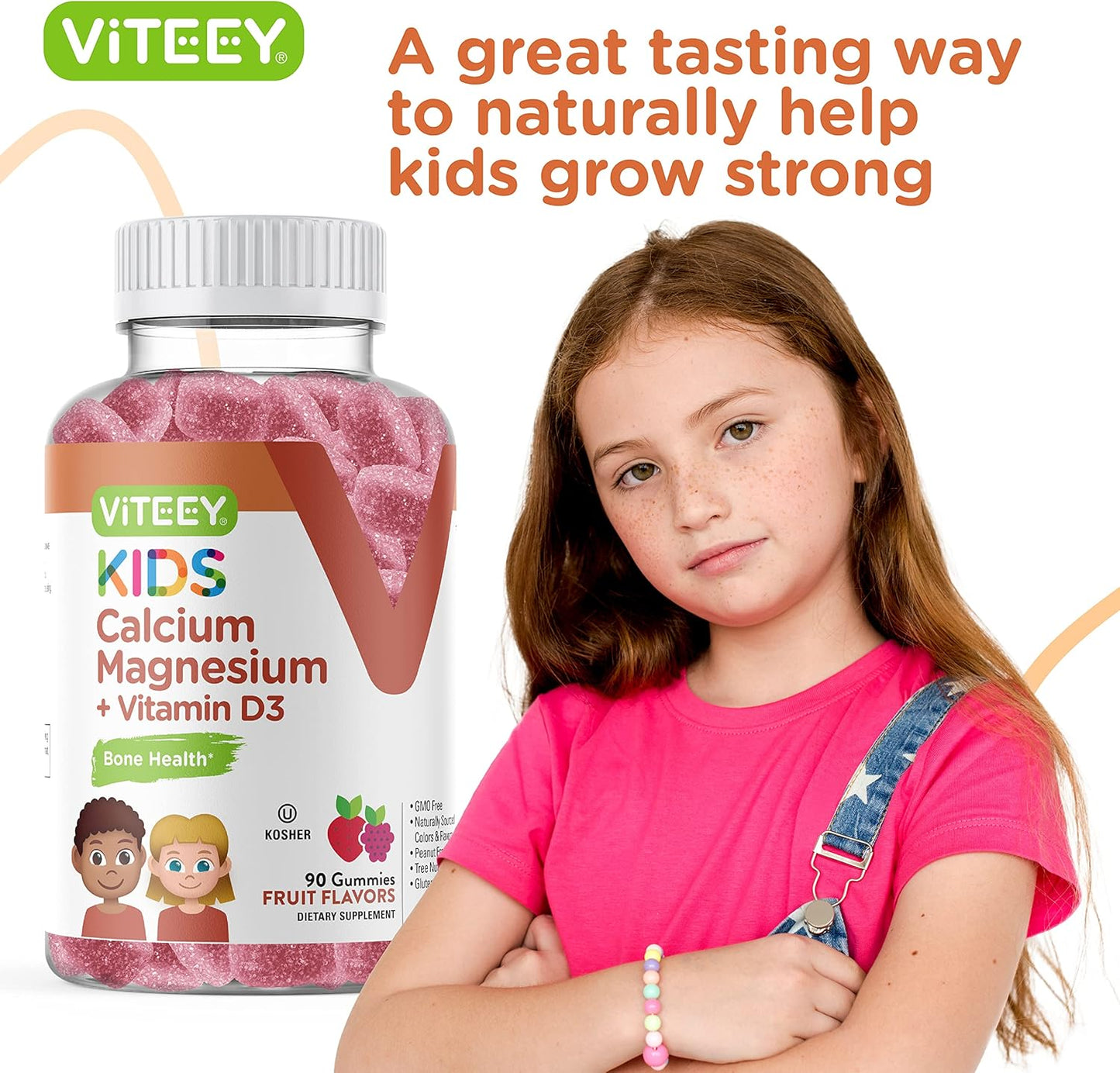 Kids Calcium Gummies with Vitamin D3 & Magnesium Citrate - Bone Health & Immune Support - Gluten Free Fruit Gummy for Kids & Teens