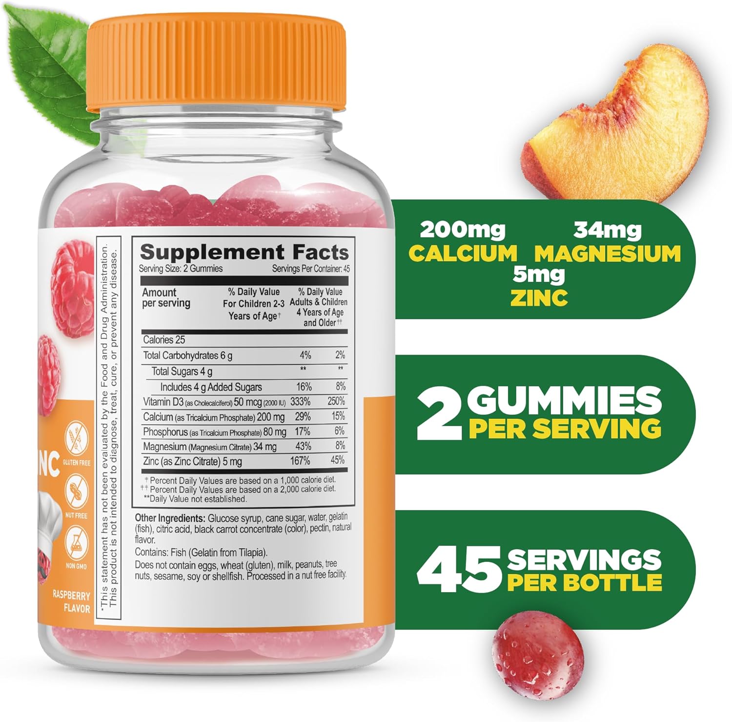 Kids Calcium Magnesium Zinc Gummies with Vitamin D3 - 90 Count | Delicious Bone Health Supplements for Children