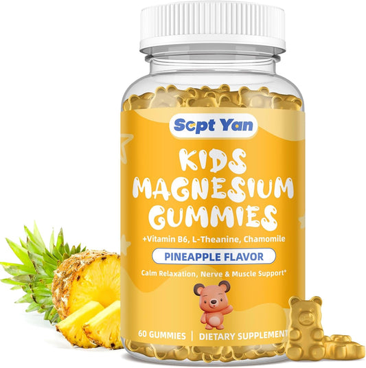 Kid's Calm Magnesium Gummies with Vitamin B6 & L-theanine - Natural Sleep Aid with Chamomile & Lemon Balm - Pineapple Flavor 60 Gummies